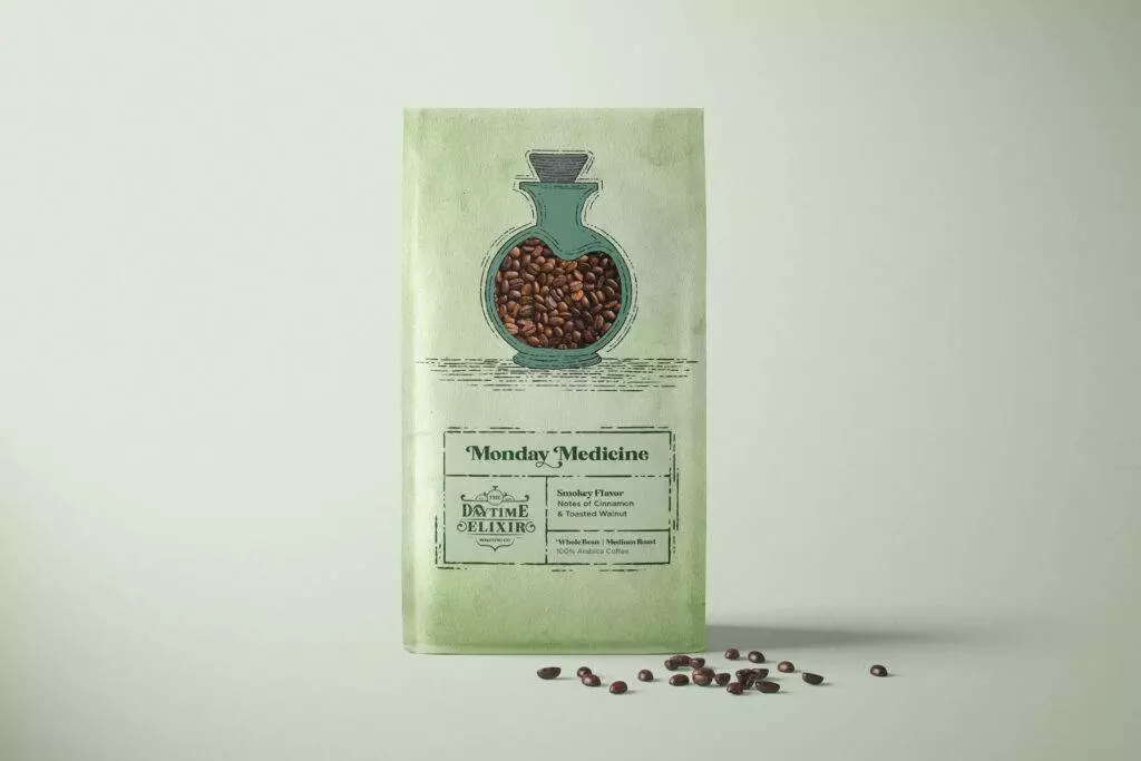 Green Coffee back with illustration of a wide circle shaped bottle