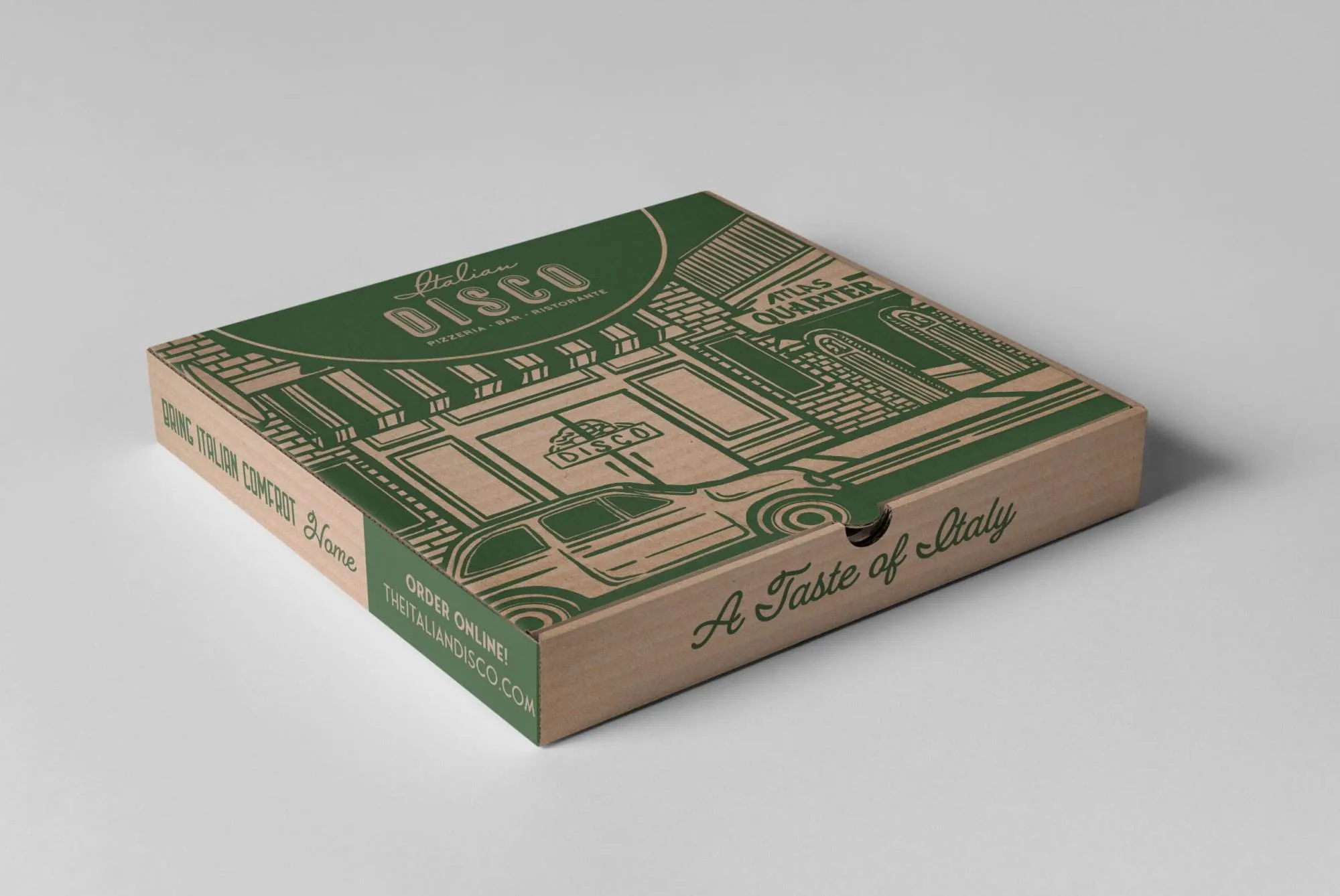 Mockup of a pizza box with a retro illustration