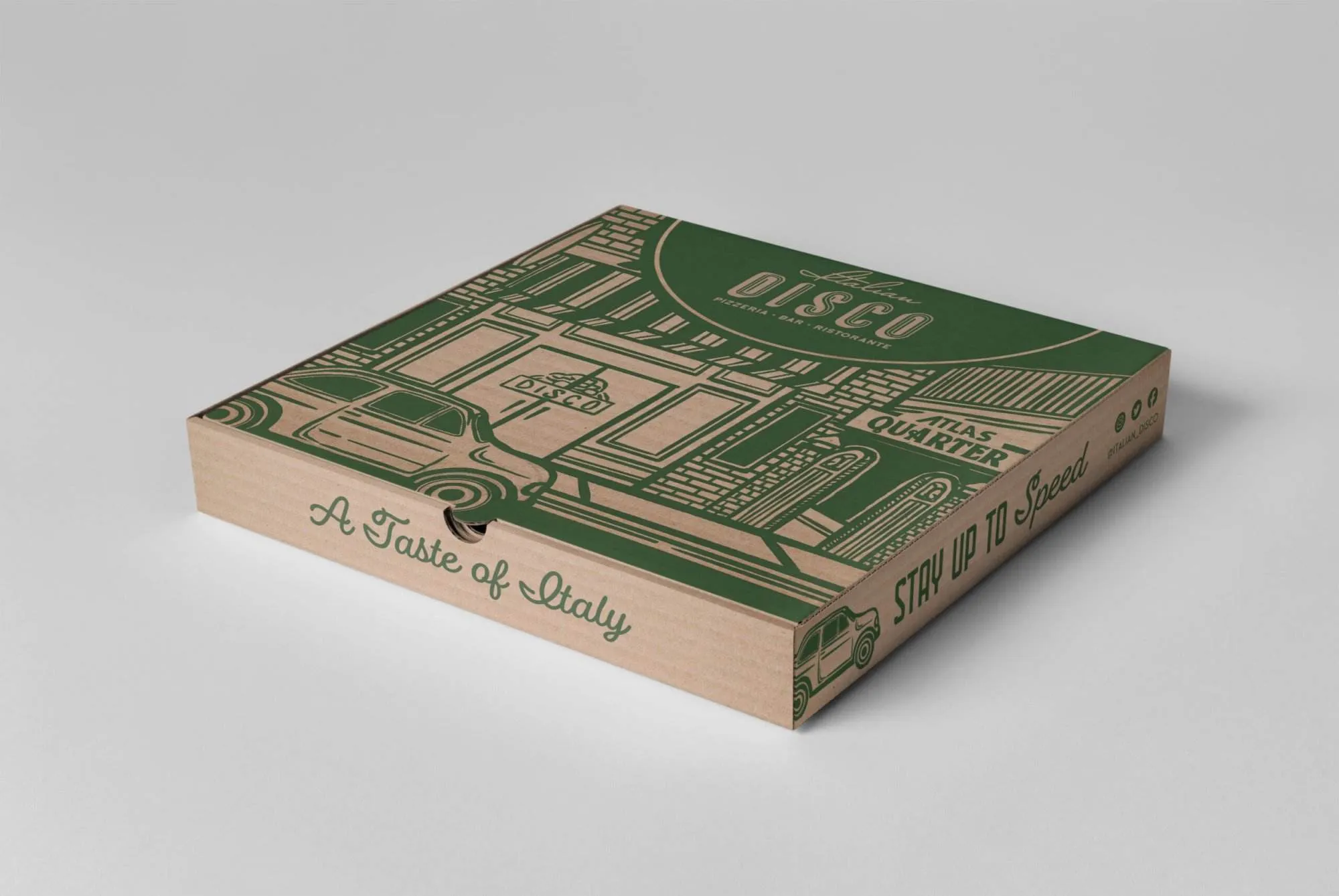 Mockup of a pizza box with a retro illustration