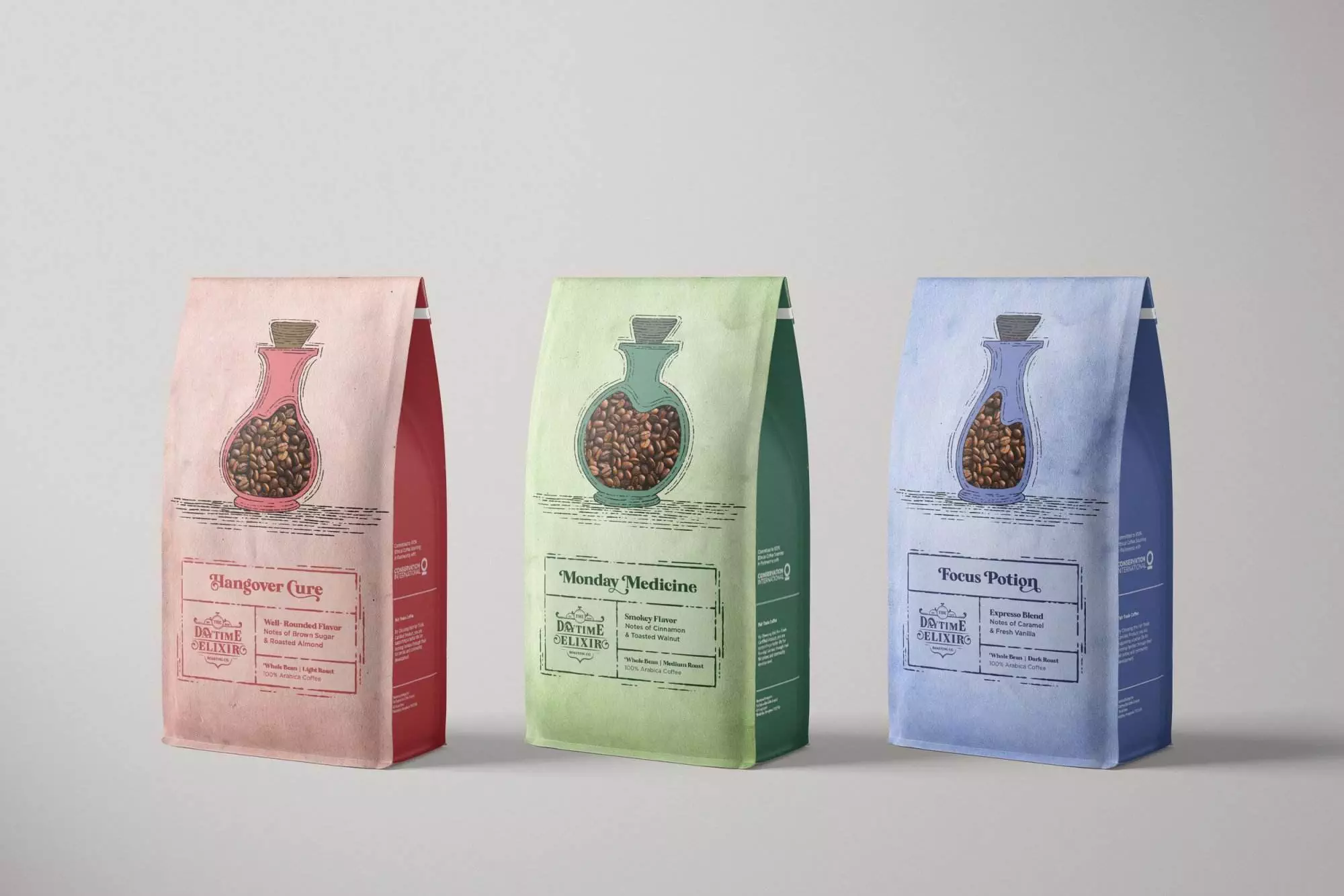 Coffee bag trio, each bag is a cure for a mundane problem